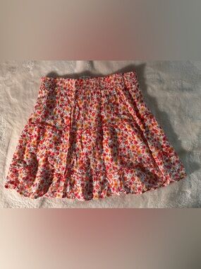 Floral Tiered Mini Skirt - White with Pink & Orange Flowers